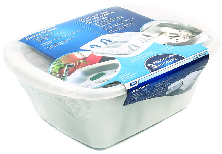 Camco 43517 Kit d'évier – avec égouttoir à vaisselle, poêle à vaisselle et tapis d'évier, blanc bilingue